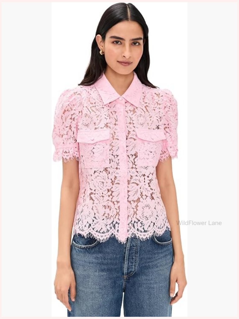 Lace Button-Down Shirt With Flap Pockets & Puff Sleeves